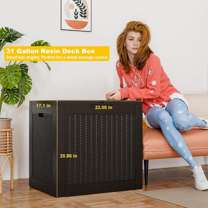 31 Gallon Waterproof Outdoor Resin Deck Box with Lockable Lid, Stylish Wicker Pattern, Easy Assembly Features and Convenient Handles For Patio Cushion, and other Patio Furniture (Black)