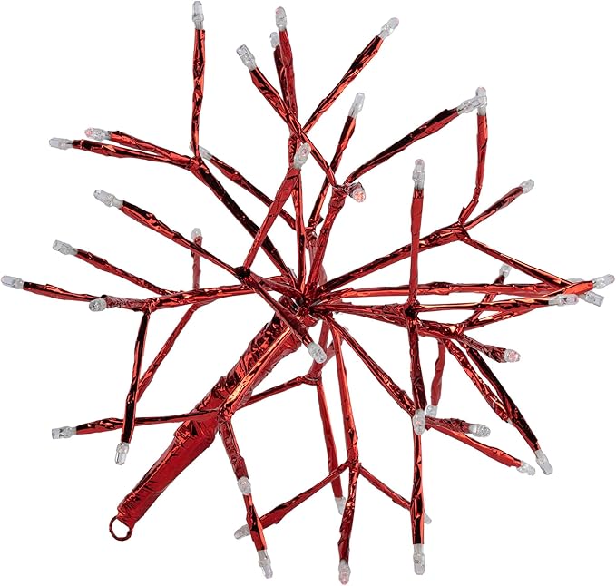 Alpine Corporation 10" H Indoor Christmas Twig 3D Hanging Snowflake Ornament with LED Lights, Red, Christmas Decoration