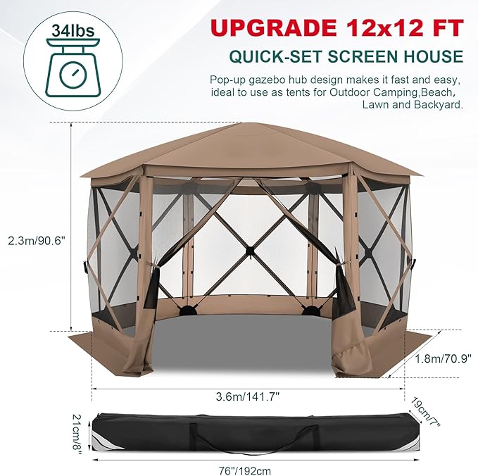 COBlZl Pop Up Gazebo 12x12 Screen House Tent for Camping, Outdoor Instant Stargazing Gazebo Canopy with Awning 2.0, Portable Hub Tent with Mosquito Netting, Pavilion for Backyard,Khaki