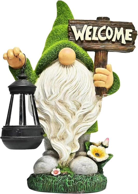 Garden Gnome Statue Outdoor Decor Large Flocked Resin Gnome Figurine with Solar Light Holding Lantern Welcome Sign Garden Yard Decorations Dwarf Sculpture for Outside Patio Porch Lawn Decor.