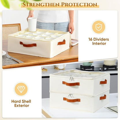Foyego Cup and Mug Storage Box, Beige, 2 Pack | 32 Adjustable Dividers, Hard Shell, with Transparent Lid, 3 Handles, Zippers, Stackable Storage Organizers for Packing&Moving