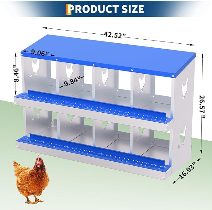 Chicken Nesting Boxes,8 Compartments Galvanized Steel Metal Laying Boxes,Pull-Out Egg Box Easy Egg Collection & Clean,Wall Mount Suitable for Farm Chicken House,Blue