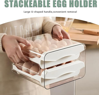 Refrigerator egg rack, egg container, egg storage box, double-layer transparent surface stackable, concave and convex handle kitchen storage organizer, bracket tray, refrigerator organizer (White)