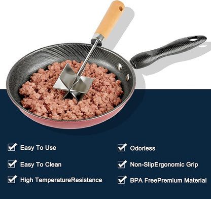 Stainless steel Meat Chopper, 6 Curve Blades Ground Beef Smasher,Potato Masher Utensil,Heat-Resistant Hamburger Meat Smasher,Heavy Duty Wooden Handle