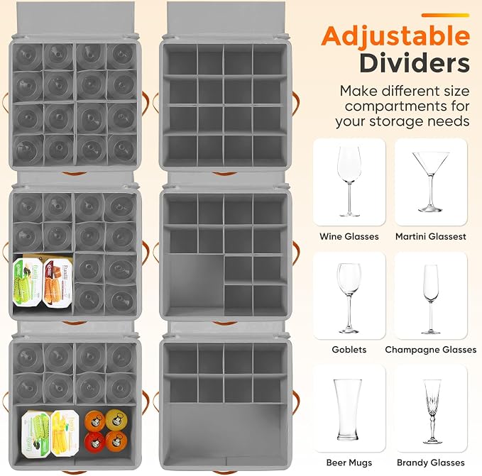 Foyego Wine Glass Storage Box, Gray | 16 Adjustable Dividers, Hard Shell, Stackable China Storage Containers Holds Stemware, Glassware, Crystal for Packing&Moving