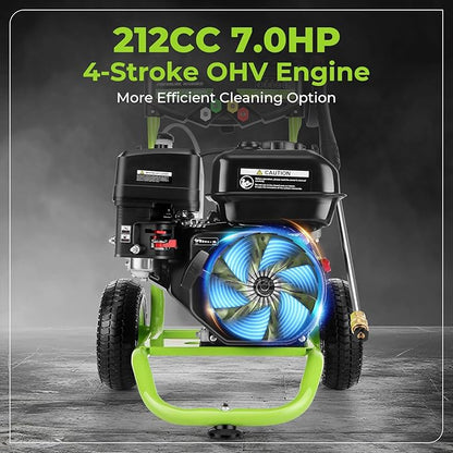 4200 PSI Gas Pressure Washer, 4.0 Max GPM 212CC 7HP Commercial Gas Power Washer, Spray Gun and Wand, 5 Nozzle Set, for Cars/Fences/Driveways/Homes/Patios/Furniture (Green)