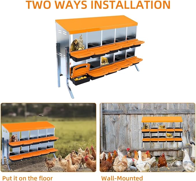 [10-Pack] Chicken Nest Box for Hens - Galvanized Steel Wall-Mounted or Freestanding Chicken Nest with Ventilation Holes - Poultry Box with Legs for Egg Laying (Orange)