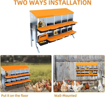 [10-Pack] Chicken Nest Box for Hens - Galvanized Steel Wall-Mounted or Freestanding Chicken Nest with Ventilation Holes - Poultry Box with Legs for Egg Laying (Orange)