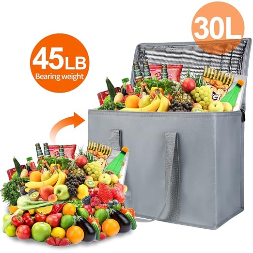 Bodaon Insulated Reusable Grocery Shopping Bags, 2-Pack, X-Large, Grey | Picnic Cooler Bag Top Cold/Warmer, Heavy Duty Insulated Food Delivery Bag, For Commercial Catering Rideshare Driver, Foldable