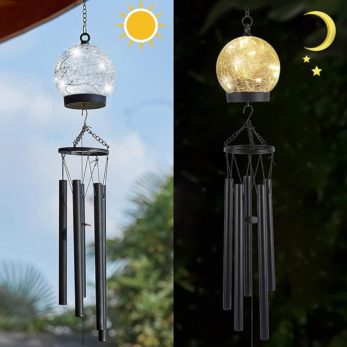 Wind Chimes Outdoor Solar Lights, 42 Inch Large Sympathy Chime 15 LED Twinkle Warm White Crackled Glass Sphere Ball Hanging Lantern Birthday Gifts for Decorative in Garden, Yard, Patio, Landscape