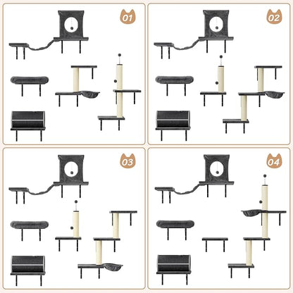 NUNU LAB 7-in-1 Cat Wall Shelves, Wall Mounted Cat Climber Set, Cat Furniture with House, Tunnel, Bridge, Steps, Scratcher, Hammock, Shelves for Indoor, Drak Grey