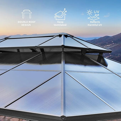 MELLCOM 12x20ft Hardtop Gazebo, Polycarbonate Double Roof Aluminum Gazebos, Outdoor Waterproof Pergola with Netting and Curtains for Backyard, Deck, Patio
