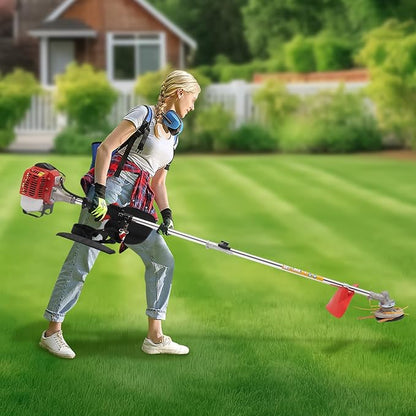 Gas Powered Weed Eater, 26cc 2-Stroke Cordless Lawn Edger Gas String Trimmer with Two Blade Heads, Trimmer Power Gasoline Chainsaw for Home Lawn, Orchard Mowing, Tea Garden Mowing