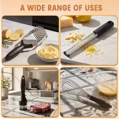 Kitchen Gadgets Set Stainless Steel Cooking Tools Essentials, Black, 4Pcs | Includes Whisk, Meat Tenderizer, Potato Masher Smasher, Grater Zester, Soft Ergonomic Handle, Dishwasher Safe, Space Saving