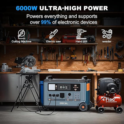 OSCAL PowerMax 6000 Solar Generator with 3x400W Solar Panel, 120V/240V Split Phase Voltage 6000W AC Outlets (7200W Peak), 2200W AC Charging/2400W PV Charging for Home, Emergency, Bank Battery Backup