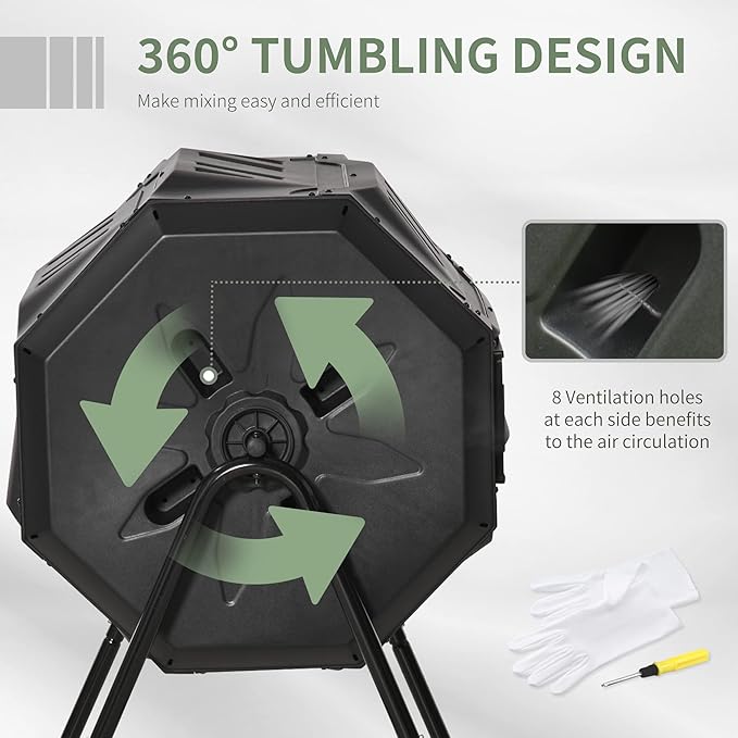 Compost Bin Outdoor, 43 Gallon Dual Chamber Tumbling Composting with Sliding Doors, Large Compost Tumbler, Compost Bin for Garden, Kitchen, and Yard Waste, Black