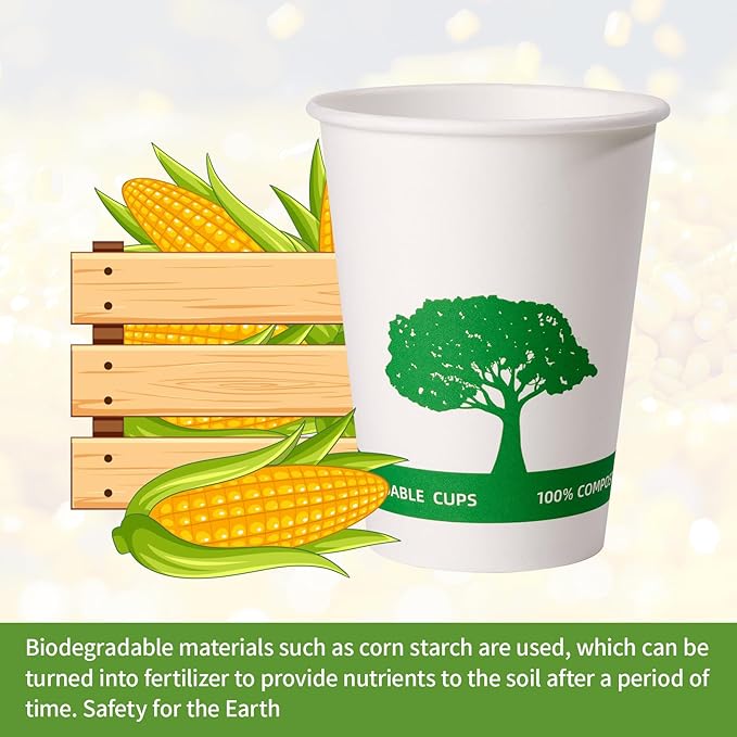 Vplus 270 Pack Compostable Paper Cups, 12 oz Biodegradable Disposable Paper Coffee Cups, Eco-friendly Hot Drinking Cups for Party, Picnic,Travel,and Events
