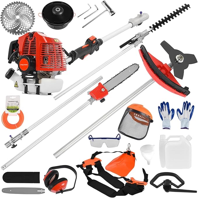 Weed Eater Gas Powered, 52CC Brush Cutter, 2-Stroke Handheld Cordless Chainsaw Hedge Pruner for Home, Yard, Garden Red