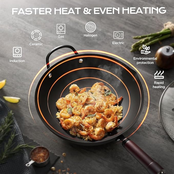 FGJ Wok, 13 Inch carbon steel wok pan with steamer & stir-fry pans nonstick, Pre-Seasoned 5.8QT Flat Bottom Chinese Woks Roasting Pan with lid, Carbon Steel Cookware, Compatible with All Cooktops