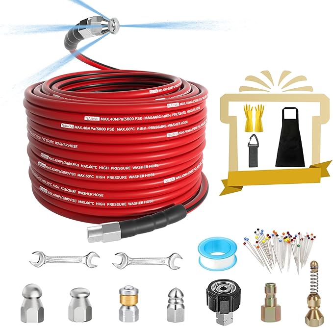 NaiNai 50FT Sewer Jetter Kit for Pressure Washer,1/4 Inch NPT Sewer Jetting Hose,Pressure Washer Drain Cleaner Hose 5800PSI with Sewer Jetter Nozzles, Gloves, Waterproof Tape, Apron (50FT)