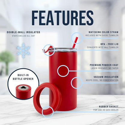 4 in 1 Universal Can Cooler - Red, Can Holder Insulated, Beer Bottle Cooler, Universal Holder for All Drink Sizes, Stainless Steel Insulated Tumbler, Tailgating Accessories