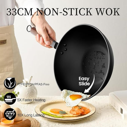 Todlabe Carbon Steel Wok, 13-Inch, Pre-Seasoned, Non-Stick, with Lid and Spatula, Flat Bottom, Ideal for Stovetop Cooking