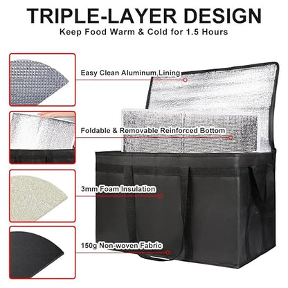 Insulated Food Delivery Bag with Hard Bottom, XXX-Large Insulated Reusable Grocery Cooler/Hot Bags, Tote Bag for Shopping/Travel, Black, 4-Pack