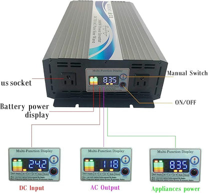 3000W Off Grid Pure Sine Wave Power Inverter 24V DC to 110V 120V AC with LCD Display for RV Camping Truck Home Solar