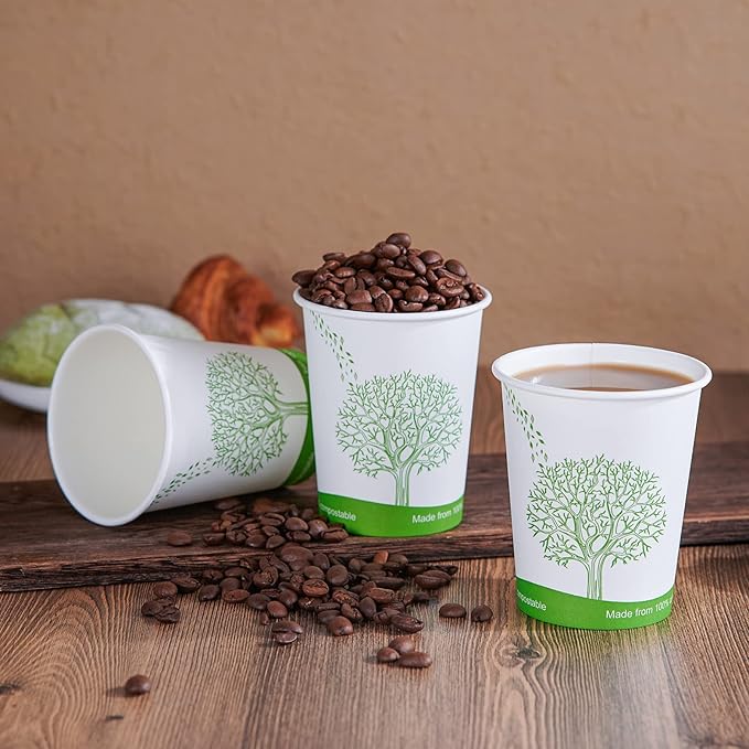 ECOLipak 300 Count Compostable Paper Cups, 8 oz Biodegradable Disposable Paper Coffee Cups with PLA Lined, Eco-friendly Hot Drinking Cups for Party, Picnic,Travel,and Events