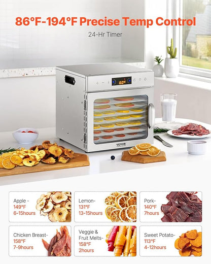VEVOR Food Dehydrator Machine, 8 Stainless Steel Trays, 400W Electric Food Dryer with Adjustable Temperature & 24-Hour Timer, Food Dehydrator for Jerky, Meat, Fruit, Vegetables, Herbs, Dog Treats