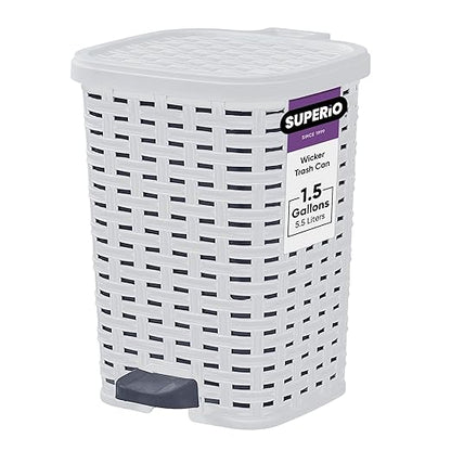 Superio Small Outdoor Trash Can with Lid for Dog Poop 1.5 Gallon/6 L Mini Plastic Garbage Can with Foot Pedal for Bathroom, Bedroom, Office, Patio, Wicker Smoke