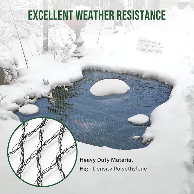 Pond Netting Cover for Leaves, 14 x 14 Koi Pond Net Cover, Durable & Sturdy Pond Netting for Koi Ponds, Protect Koi Fish Against Herons, Raccoons, Cats & Predators, 14pcs Stakes Included