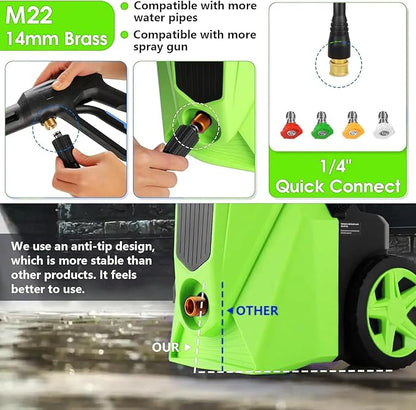 Pressure Cleaner 5000 PSI 2.8 GPM High Power Cleaners with 33ft Pressure Hose, 4 Nozzle and Foam Cannon, for Home, Cars, Fences, Patio (Green)
