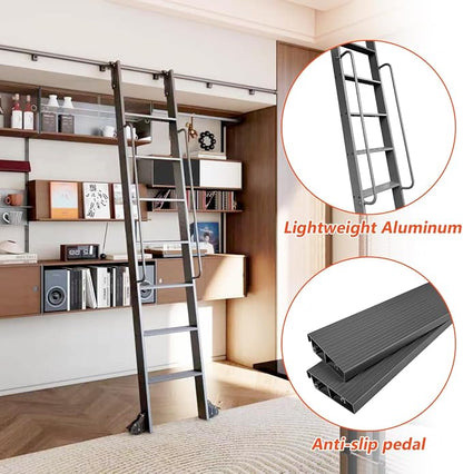 DIYHD 108" Rolling Library Ladder with Handrail, 4FT Sliding Rail, Black | 9-Step lightweight ladder with space-saving upright storage, Telescopic top hooks, Locking bottom rollers, 300lbs capacity