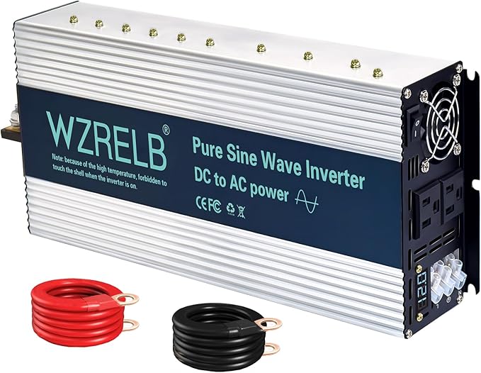 WZRELB 4000W Pure Sine Wave Inverter, Car Power Inverter 12V DC to 110V 120V AC Converter for RV, Truck, Solar, Outdoor with Dual AC Outlets, Hardwire Port, Surge 8000W, LED Display,Off-Grid