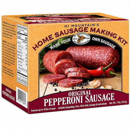 Hi Mountain PEPPERONI Sausage Kit | Complete sausage-making kit with seasoning, cure & 10 casings. Beef, pork, venison, deer, elk. Makes up to 30 lbs