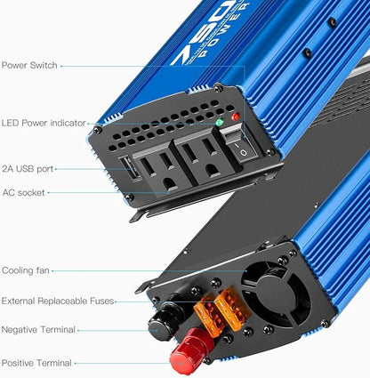 750 Watt Power Inverters DC 12V to 110V AC Converter with 2 AC Outlets and 2A USB Charging Port for Camping Car Power Inverter for Car Cigarette Lighter