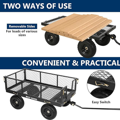 BILT HARD 10" Flat Free Tires Heavy Duty Garden Cart with 180° Rotating Handle and Removable Sides, 4 Cu.Ft 400 lbs Capacity Utility Steel Wagons for Outdoor