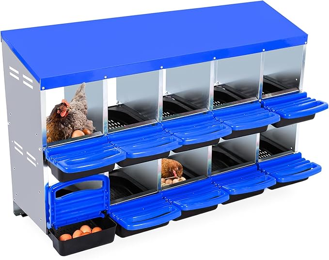 Chicken Nesting Box, 10 Compartment Roll Away Egg Laying Box for Hens, Wall Mounted & Freestanding (2 Modes of Use), Easy Egg Collection, Cleanable Pull Out Nesting Box, Blu, NL