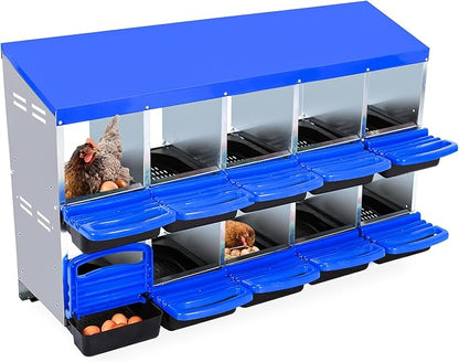 Chicken Nesting Box, 10 Compartment Roll Away Egg Laying Box for Hens, Wall Mounted & Freestanding (2 Modes of Use), Easy Egg Collection, Cleanable Pull Out Nesting Box, Blu, NL