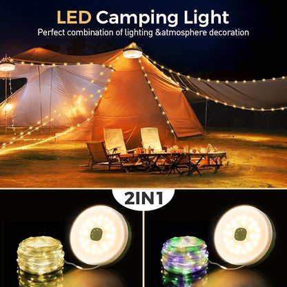2-Pack Camping String Lights, Quick Storage 32.8FT Rechargeable Tent Lights String with 8 Modes, Hanging Waterproof Portable LED Lamp for Camping Outdoor Patio Awning Garden Party Essentials