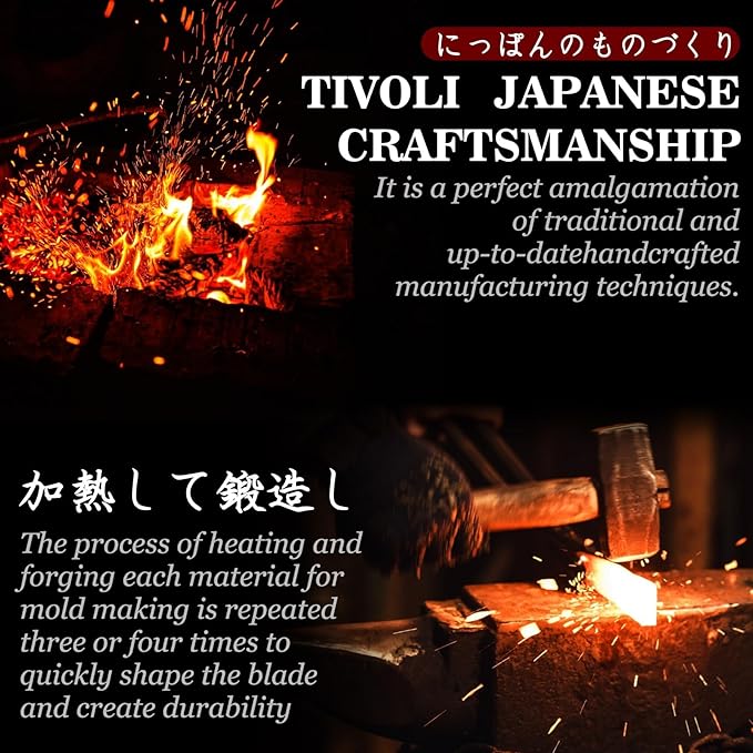 TIVOLI Hand Forged Ulu Knife - Mezzaluna Rocker Knife - Pizza Cutter | Anti-stick Pounding Texture, Full Tang, Rosewood Handle, Belt Sheath, Gift Box, for Kitchen, Camping, BBQ