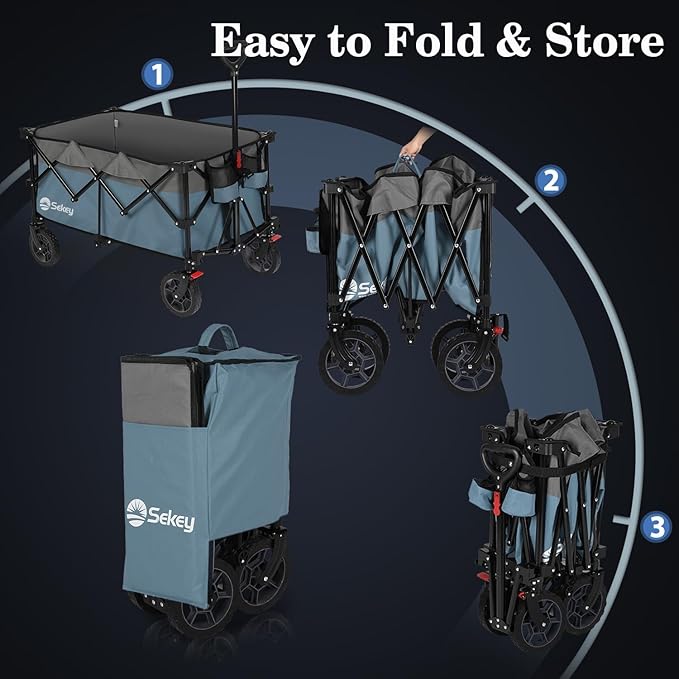 Sekey 220L Collapsible Foldable Wagon with 330lbs Weight Capacity, Heavy Duty Folding Wagon Cart with Big All-Terrain Wheels & Drink Holders (Blue&Grey)