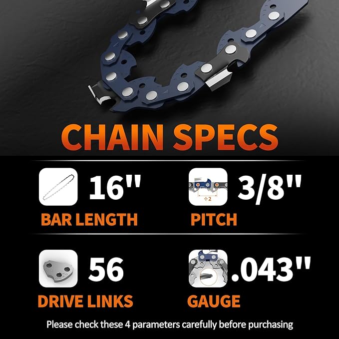 3Pcs 16 Inch Chainsaw Chain, 3/8" LP Pitch .043" Gauge 56 Drive Links,Replacement Chains for Portable Mini Chainsaw, Guide Saw Chain for Chainsaws (16"-56DL-3/8"LP .043"-3pcs)