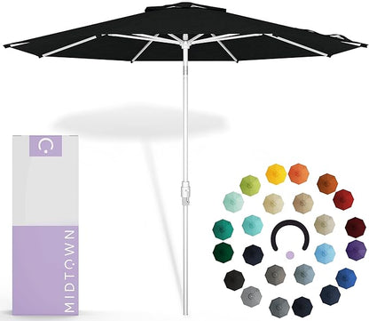 Midtown Umbrellas The Swilt 9 Feet Patio Umbrella in Sunbrella Spectrum Carbon Acrylic Fabric - Fiberglass Ribs, Auto-Tilt Aluminum Frame For Backyard, Deck, Garden, Pool - White Pole