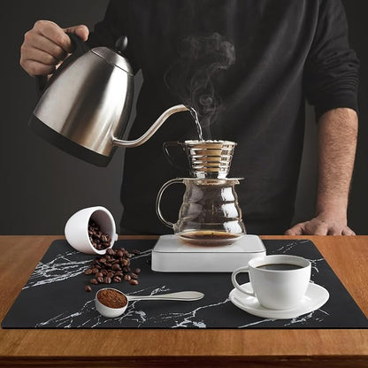 ZLR Coffee Bar Mat for Espresso Machine, 12"x20" Medium, Marble Black | Absorbent Dish Drying Mat, Stain-Hiding PU Top, Non-Slip Back, Fits Grinder, Knock Box, Tamper & Milk Frother