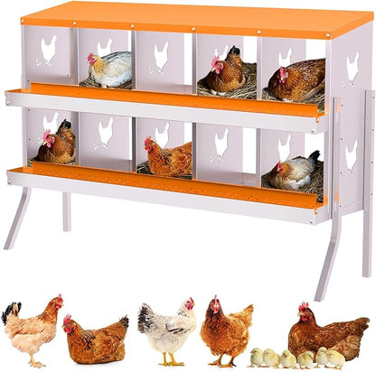 Chicken Nesting Boxes,10 Compartments Galvanized Steel Metal Laying Boxes with Leg,Pull-Out Egg Box Easy Egg Collection & Clean,Wall Mount Suitable for Farm Chicken House,Orange