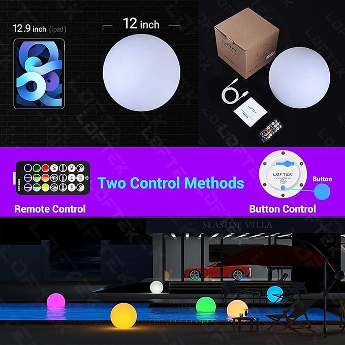 LOFTEK Pool LED Light Ball - 12-inch Sphere Lamp Rechargeable - 16 RGB Cool Lamp for Bedroom Ambient Lighting - Smart Night Light for Baby Nursery - Waterproof Light for Yard & Pool Decor, 1PCS
