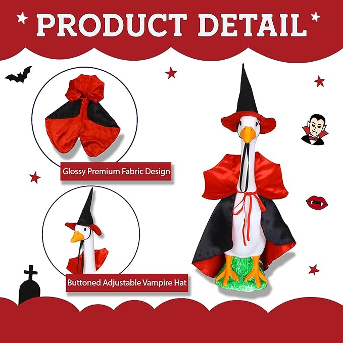 Lawn Goose Outfit – Glossy Cape & Adjustable Hat for 23″ Goose Statue – Halloween & Vampire & USA Flag Costume