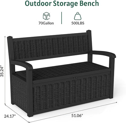 70 Gallon Outdoor Storage Bench, Deck Box Bench with Armrest, Lockable Outside Benches with Storage, Deck Boxes Waterproof for Pool Patio Garden (Black)